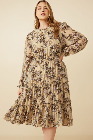 HY7397 Taupe Womens Romantic Floral Ruffle Detailed Tiered Dress Editorial